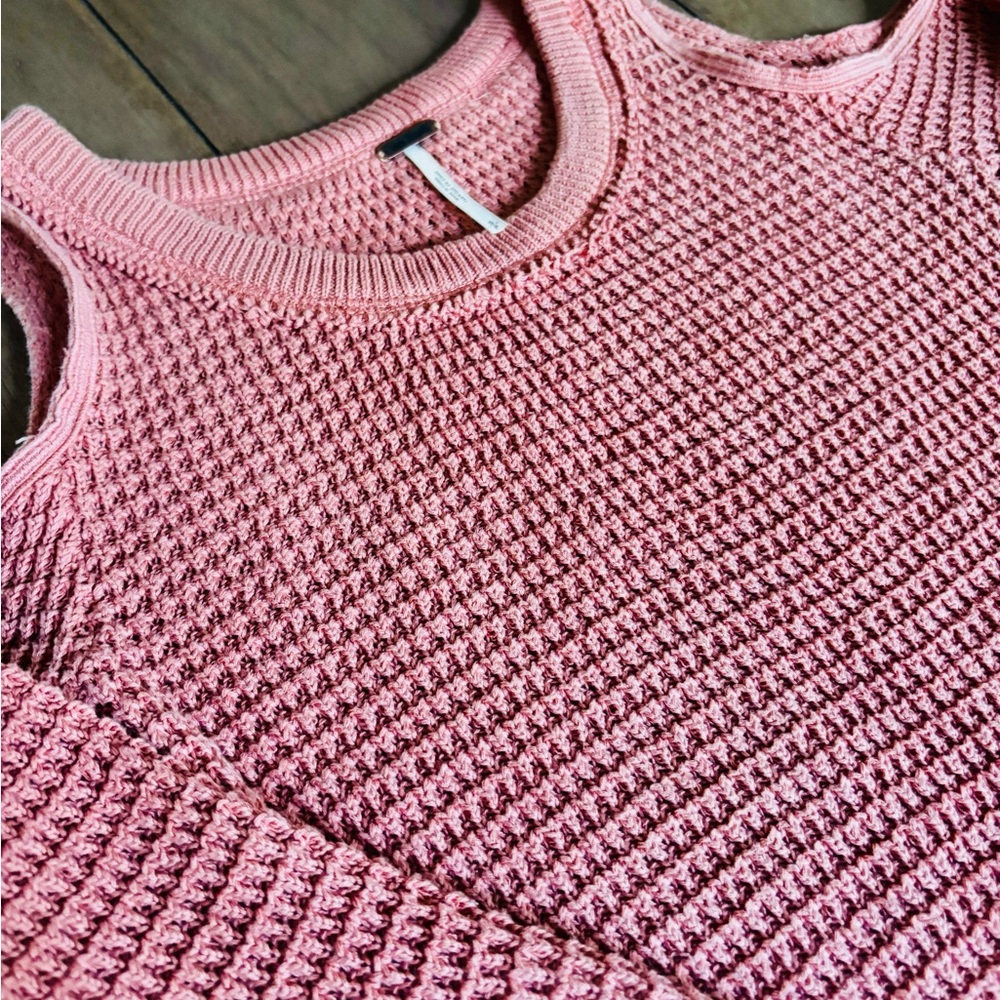 Free People Waffle-Knit Coral Cold Shoulder Sweater